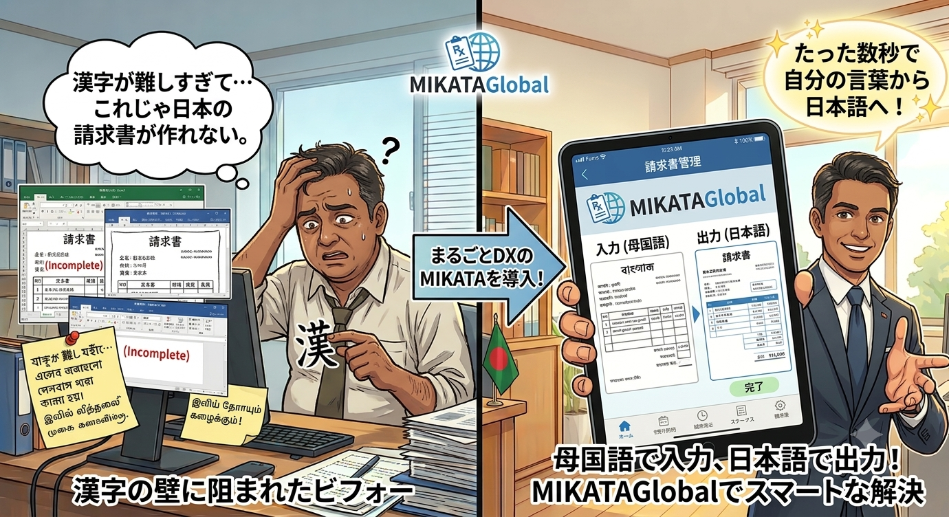 ビフォー=漢字が難しすぎて日本の請求書が作れず困る外国人オーナー/アフター=MIKATA Globalで母国語入力→数秒で日本語の請求書を出力できて笑顔、という対比イラスト